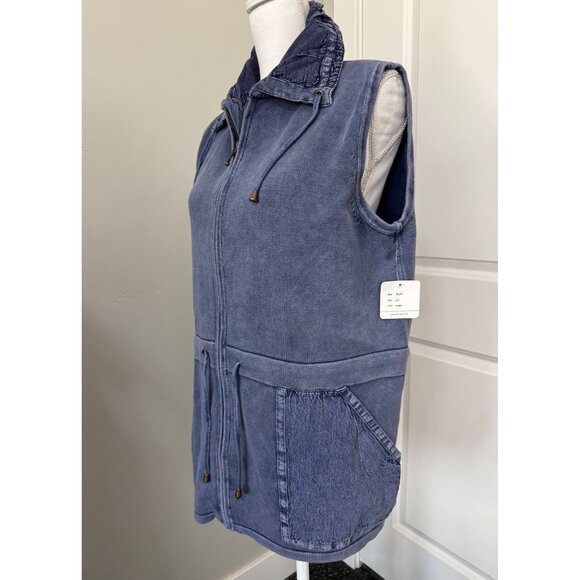 PBJ Draw String Womens L Indigo Hooded Vest Cotton Zip Front Y2K Beach Comfy NWT - Picture 2 of 15